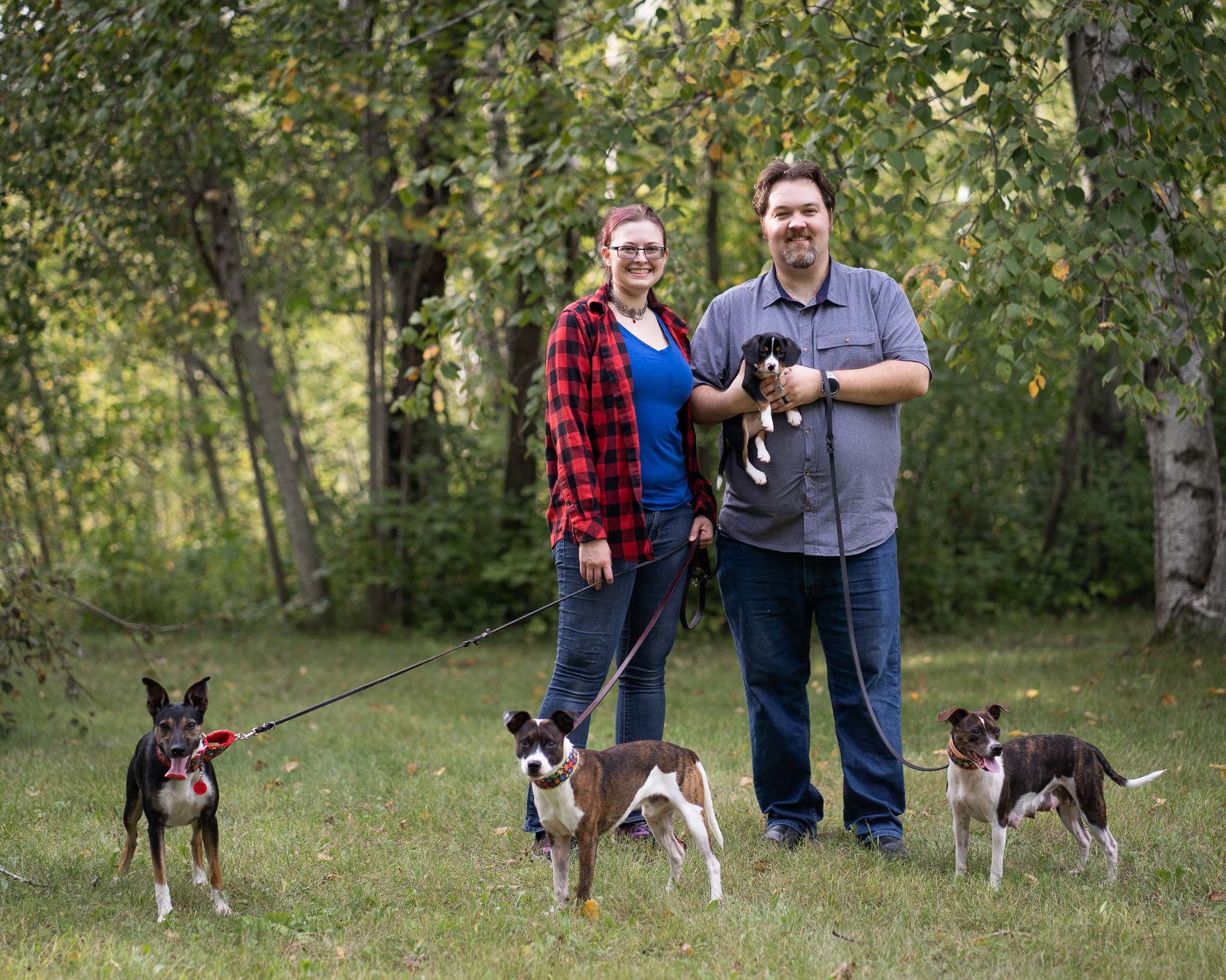 Sara Reusche and partner Matt stand in a grassy field with their 4 dogs